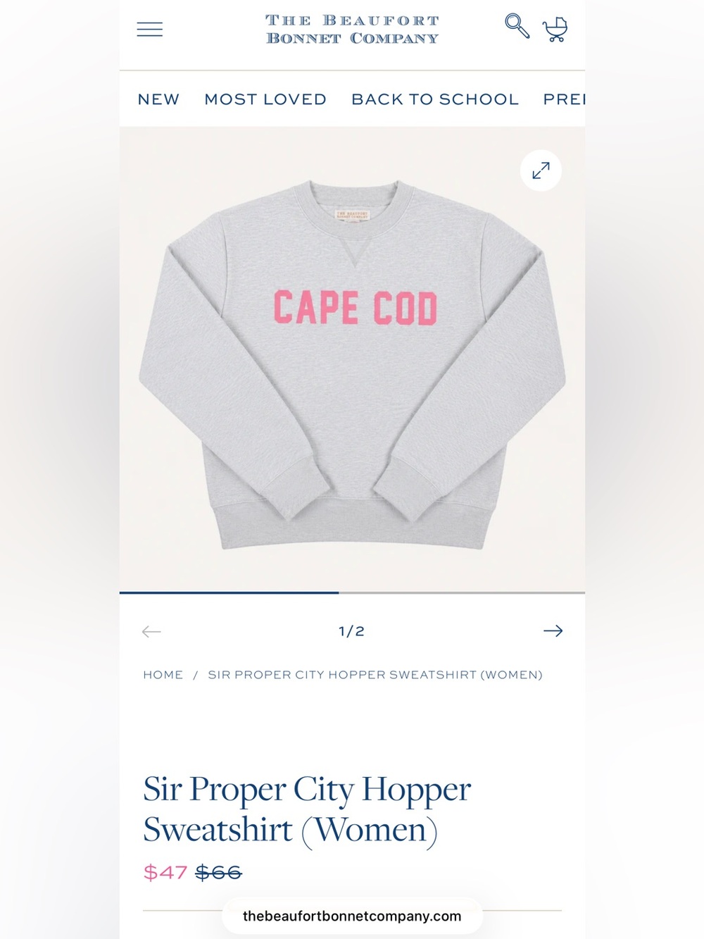 The Beaufort Bonnet Company Light Gray Crewneck with Pink CAPE COD Print
